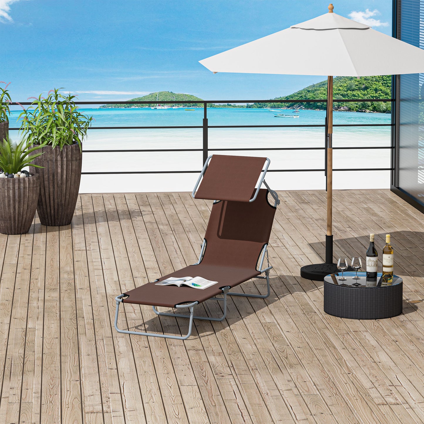 Outdoor Lounge Chair, Adjustable Folding Chaise Lounge, Tanning Chair with Sun Shade for Beach, Camping, Hiking, Backyard, Light Grey