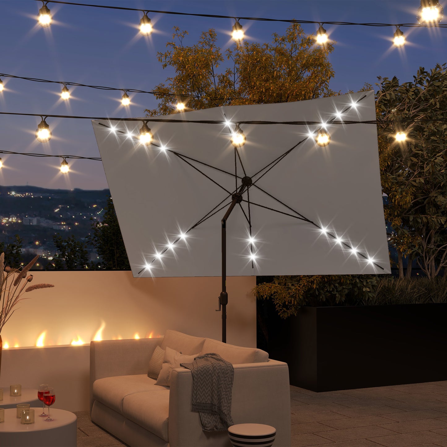 6.5x10ft Patio Umbrella Tilt Aluminum Outdoor Market Parasol with Solar Powered LEDs, Crank - Light Grey