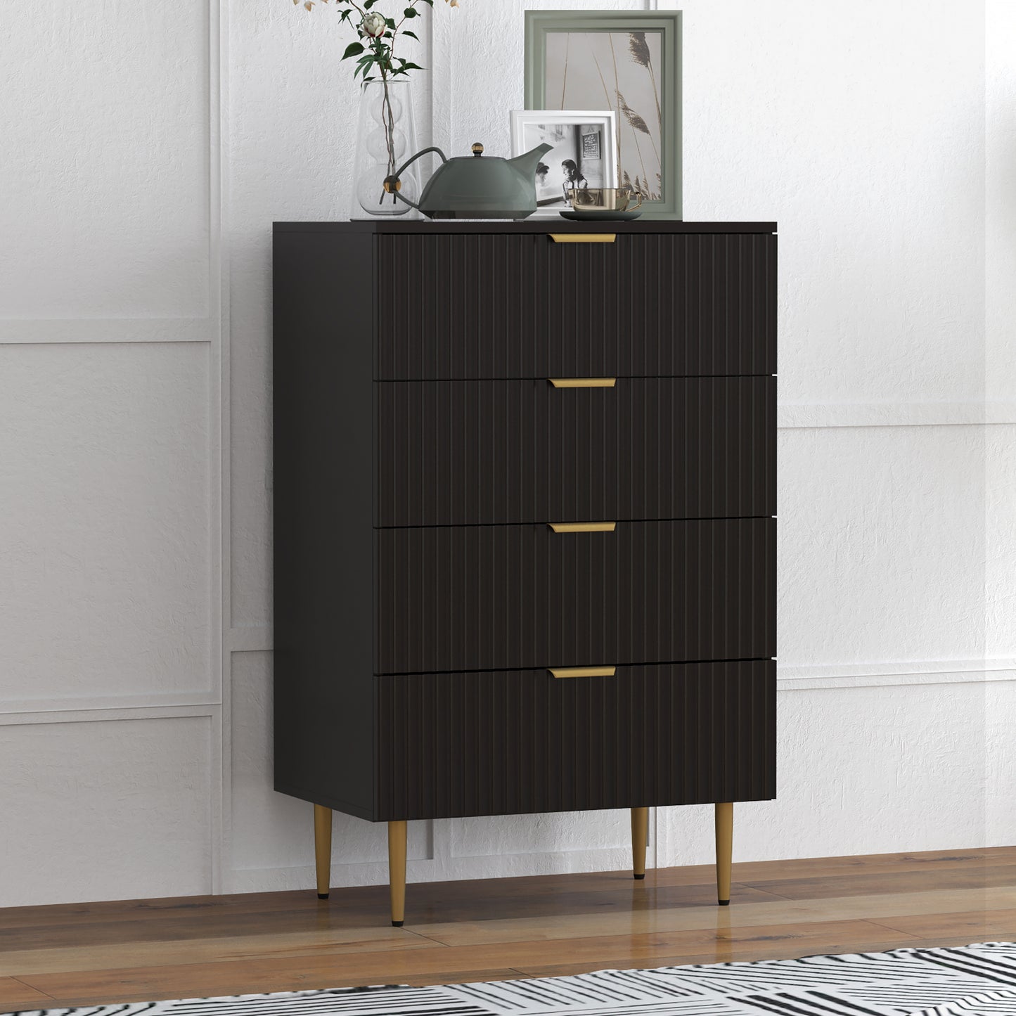 Modern Chest of Drawers 4 Drawer Dresser for Bedroom with Gold Legs and Handles, Black