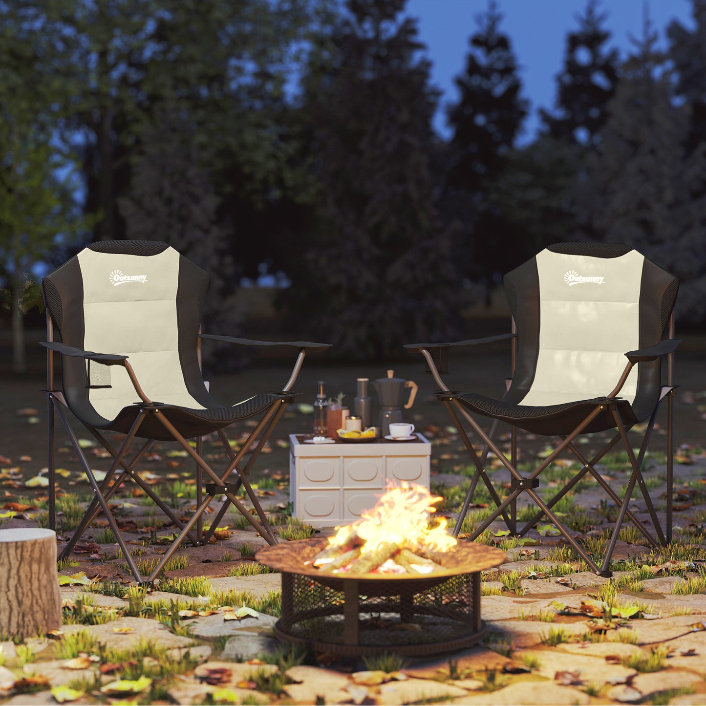 2 Pack Folding Camping Chairs, High Back Folding Chairs w/ Cup Holder, Padded Camping Chairs for Outdoor Events, Cream - Cream White