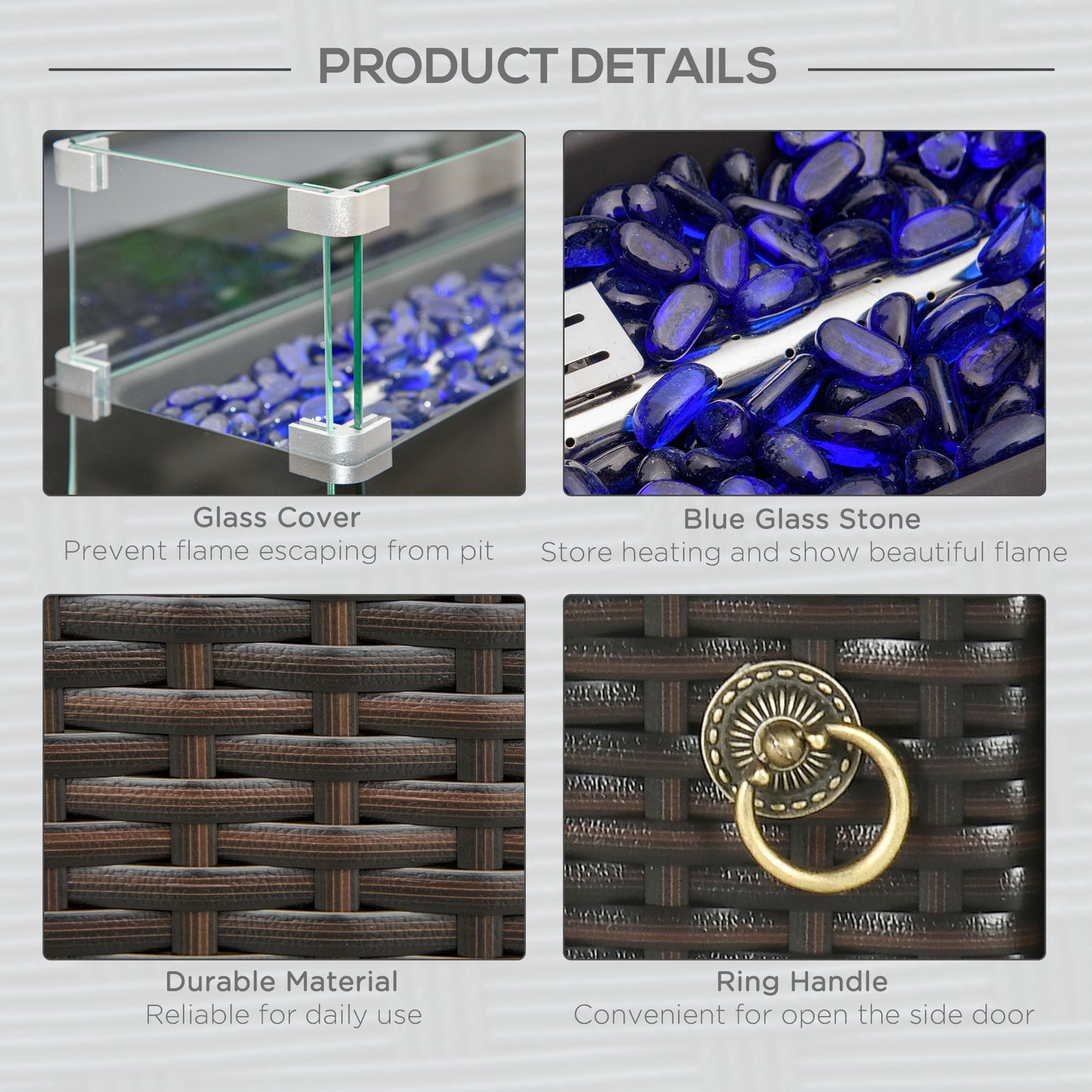Propane Fire Pit Table 43" Outdoor Fire Table, 50,000 BTU Pulse-Ignition Wicker Firepit Furniture with Glass Wind Guard, Blue Glass Rock, CSA Certification, Coffee