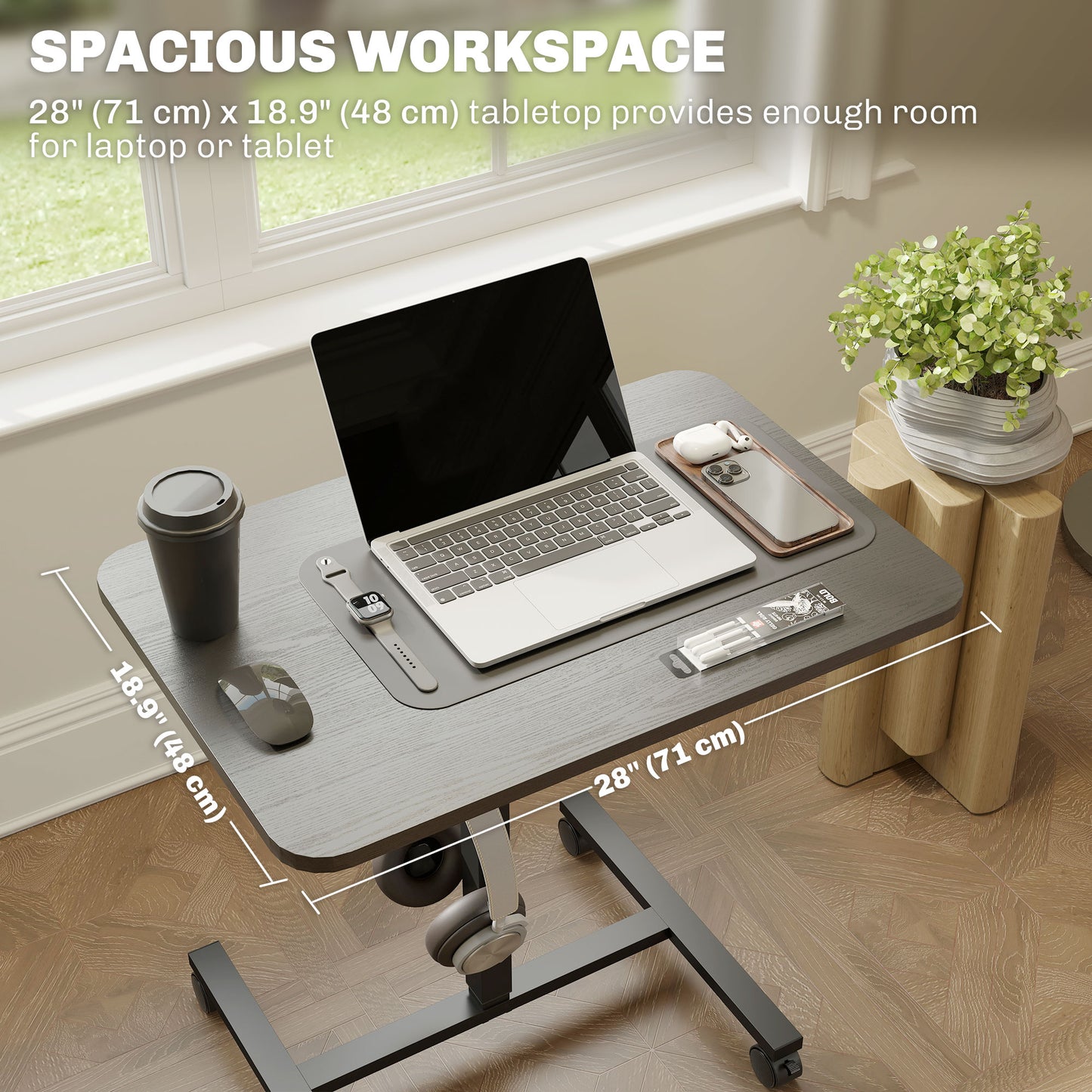 Height Adjustable Standing Desk, Pneumatic Sit Stand Desk with Wheels and Headphone Hook, Black Wood Grain