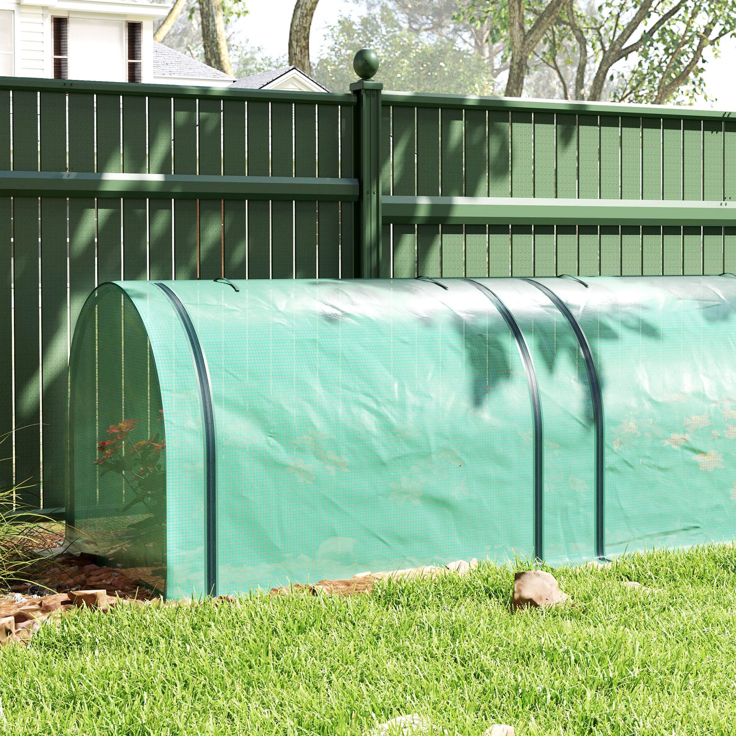 Mini Tunnel Greenhouse with PE Cover Garden Green Grow Shed with Steel Frame Zipped Doors, Green