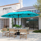 15' Outdoor Patio Umbrella with Twin Canopy Sunshade Steel Table Umbrella w/ Lift Crank, Cross base, Sandbag, Light Blue