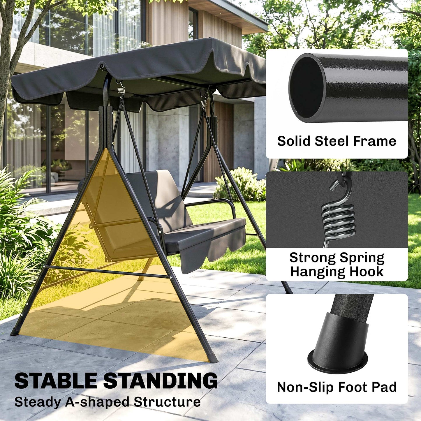 3-Seater Outdoor Porch Swing with Adjustable Canopy, Patio Swing Chair for Garden, Poolside, Backyard, Red
