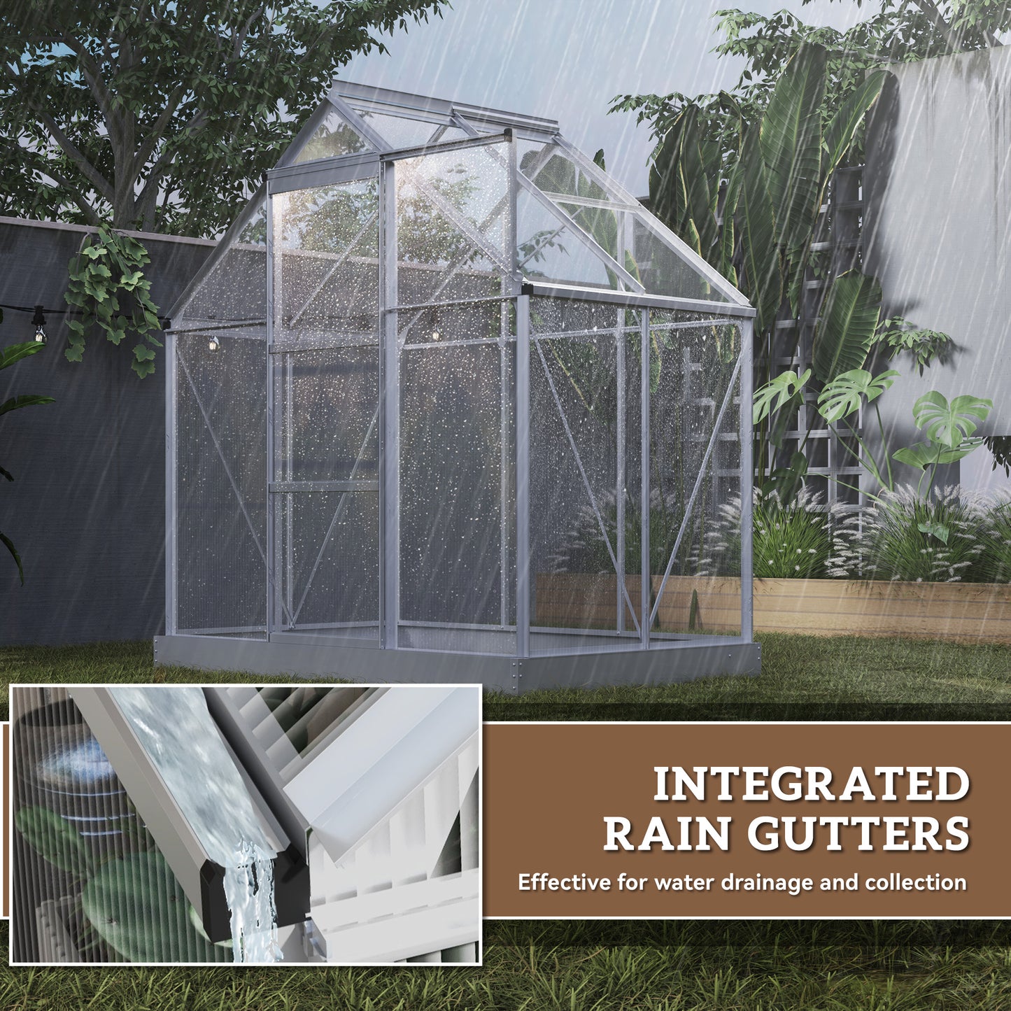 Walk-In Greenhouse, Polycarbonate Greenhouse with Sliding Door, Window, Aluminium Frame, Foundation, Silver