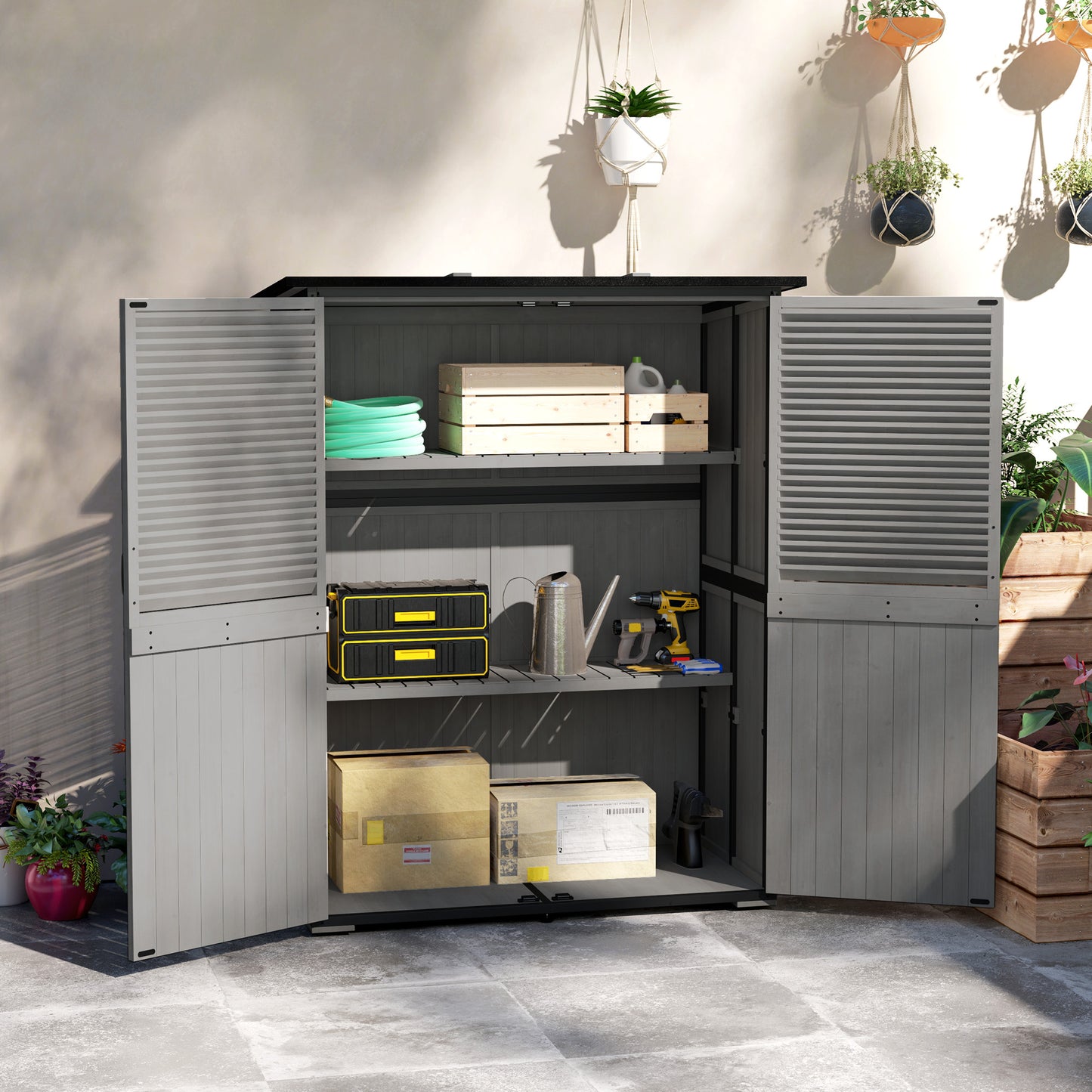 Outdoor Storage Cabinet, Wood Garden Shed with Steel Frame, Asphalt Roof, 2 Shelves and Lockable Doors, Grey