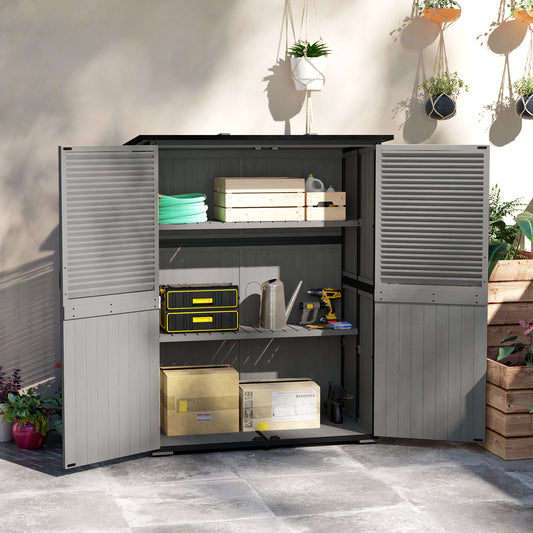 Outdoor Storage Cabinet, Wood Garden Shed with Steel Frame, Asphalt Roof, 2 Shelves and Lockable Doors, Grey