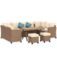 6 Pieces Patio Furniture Set, Outdoor Wicker Sofa Set, All Weather PE Rattan Conversation Furniture, with Strip Wood Grain Plastic Coffee Table & Cushions, Khaki