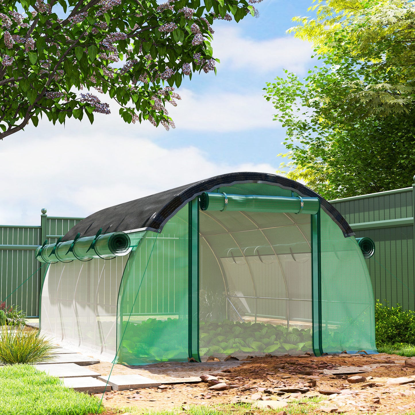 Walk-in Tunnel Greenhouse, Plant Hot House with Sunshade Net, Roll-up Mesh Sidewalls, 2 Doors