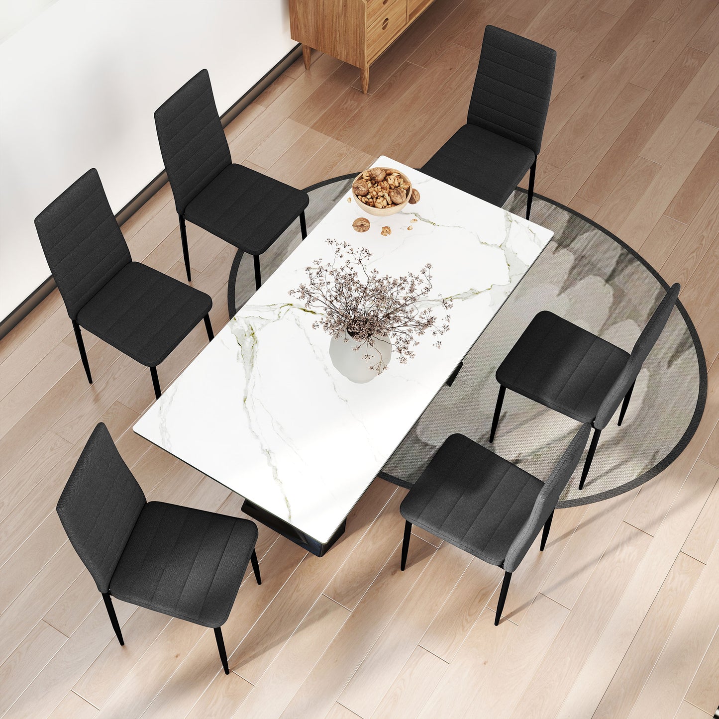 High Back Dining Chairs, Modern Upholstered Linen Fabric Accent Chairs with Metal Legs for Kitchen, Set of 6, Black