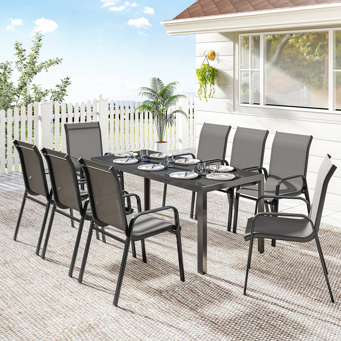 Outdoor Dining Sets for 8 with Stackable Chairs, Patio Dining Set with Glass Top Table for Garden, Patio, Backyard, Dark Grey
