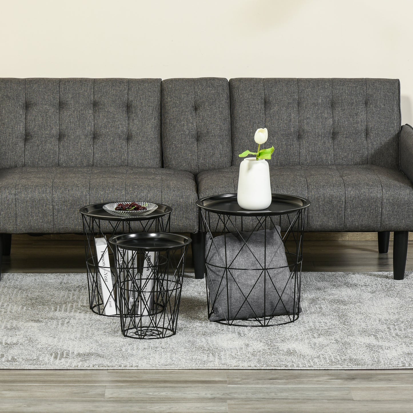 Set of 3 Nesting Coffee Tables with Storage, Round End Table with Removable Tray, Basket Side Tables with Metal Frame for Living Room, Black
