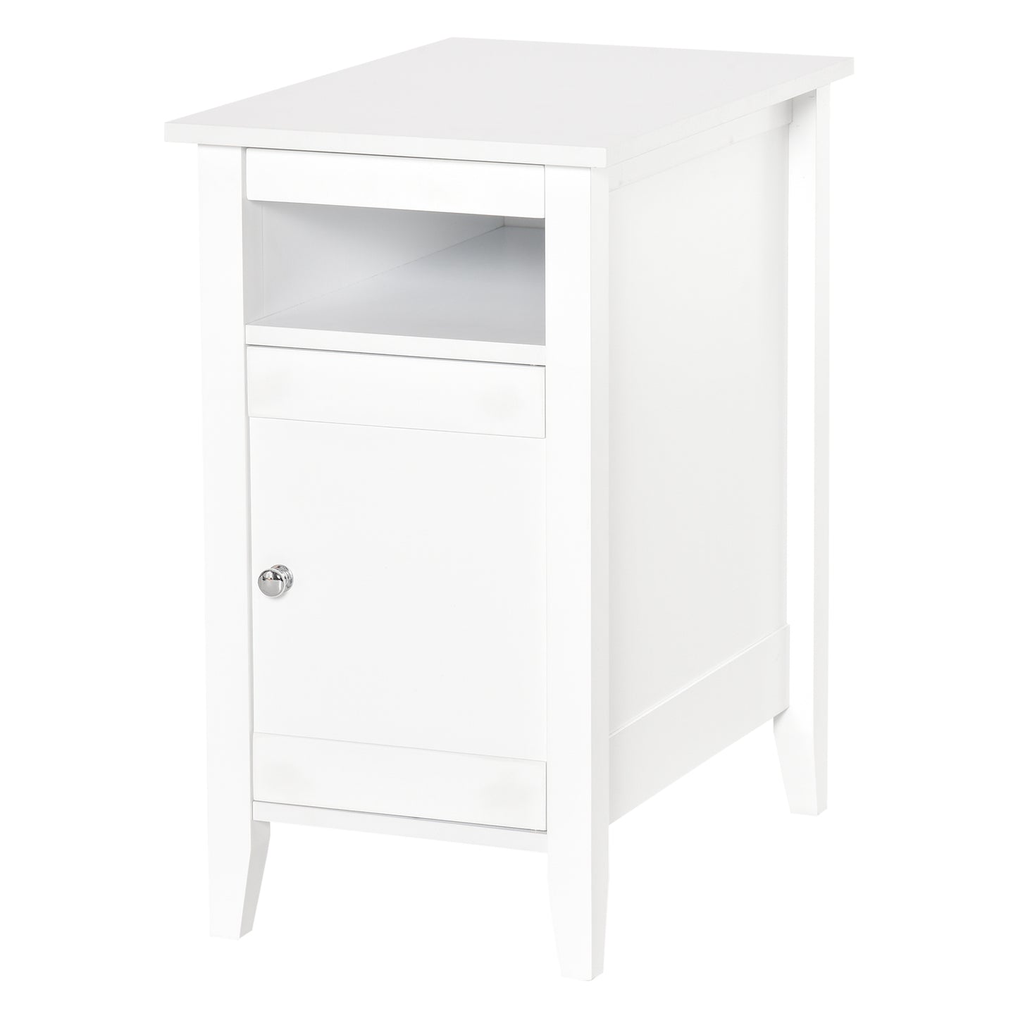 Wooden 3-Tier Modern Nightstand with Pullout Shelf, Adjustable Open Shelf, and Door Cabinet, White