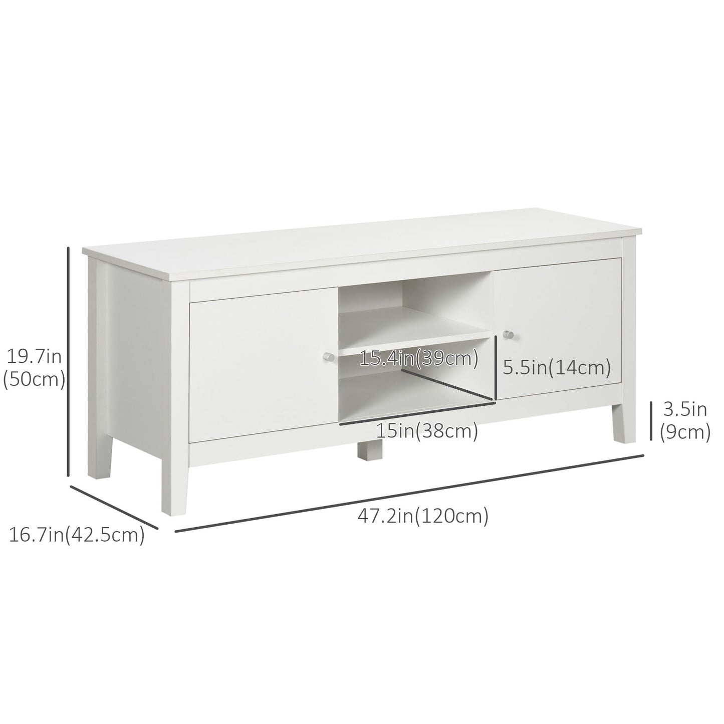 Modern TV Stand for TVs up to 55", TV Bench with Storage Cupboards and Shelves, 47.2" x 16.7" x 19.7", White