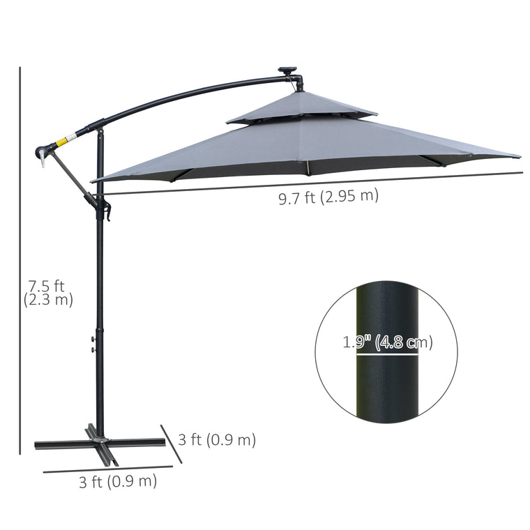 10FT Grey Cantilever Umbrella with Solar Lights & Crank