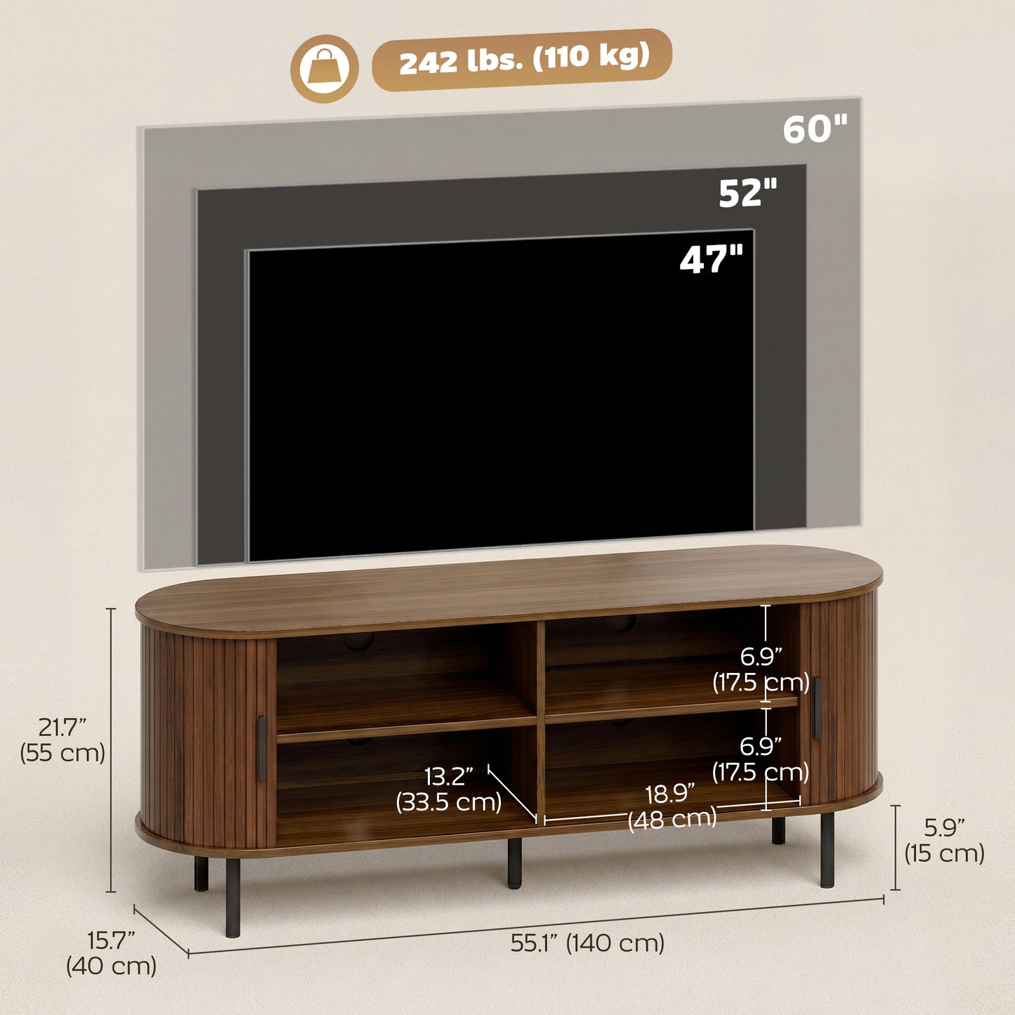 TV Stand for TVs up to 60", Modern Entertainment Center with Curved Sliding Doors, Walnut Brown