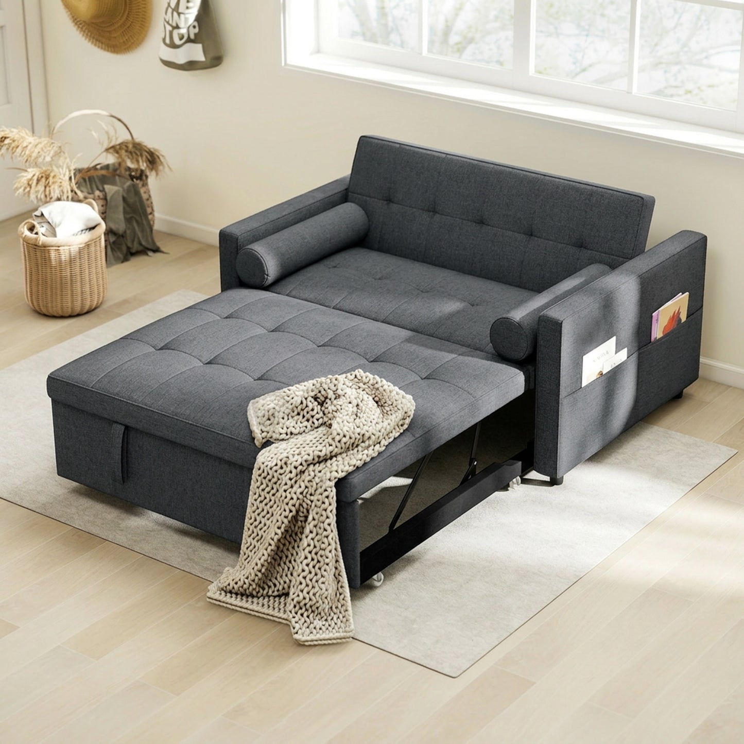 Pull Out Sofa Bed, Sleeper Sofa Couch with USB Ports, Small Linen Loveseat Futon Couch for Living Room, Dark Grey