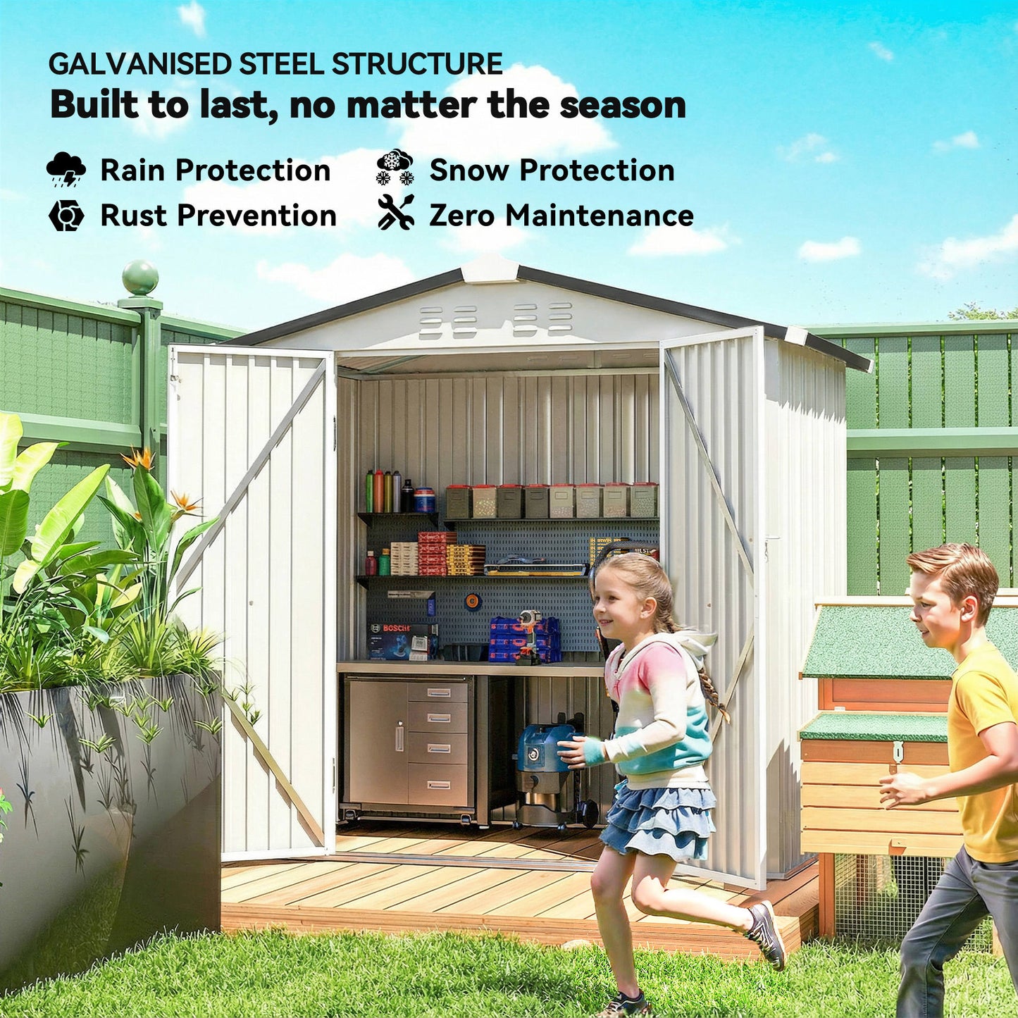 6.5' x 4' Metal Garden Shed with Lockable Doors - Silver-White