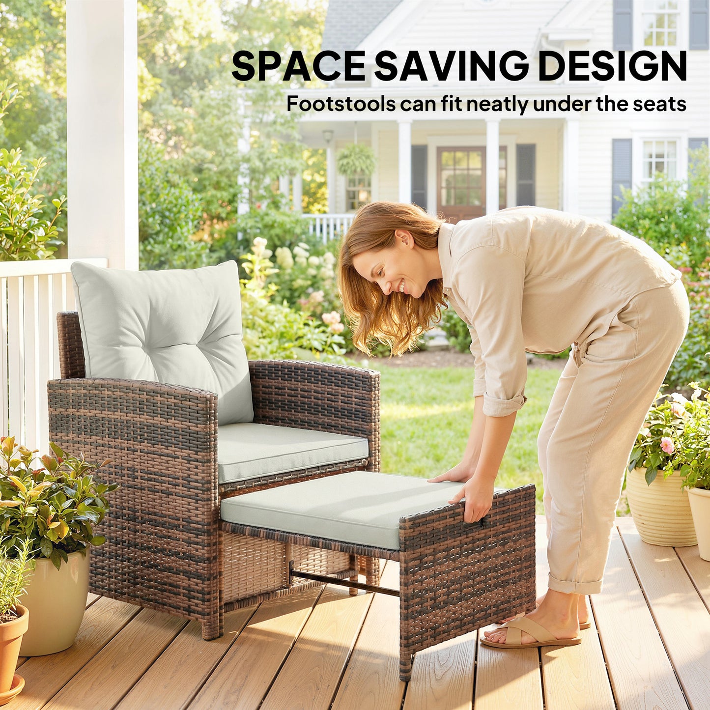 5 Piece Patio Furniture Set, Wicker Patio Chairs with Ottomans, 2-Tier Glass Coffee Table and Cushions, Brown/Cream