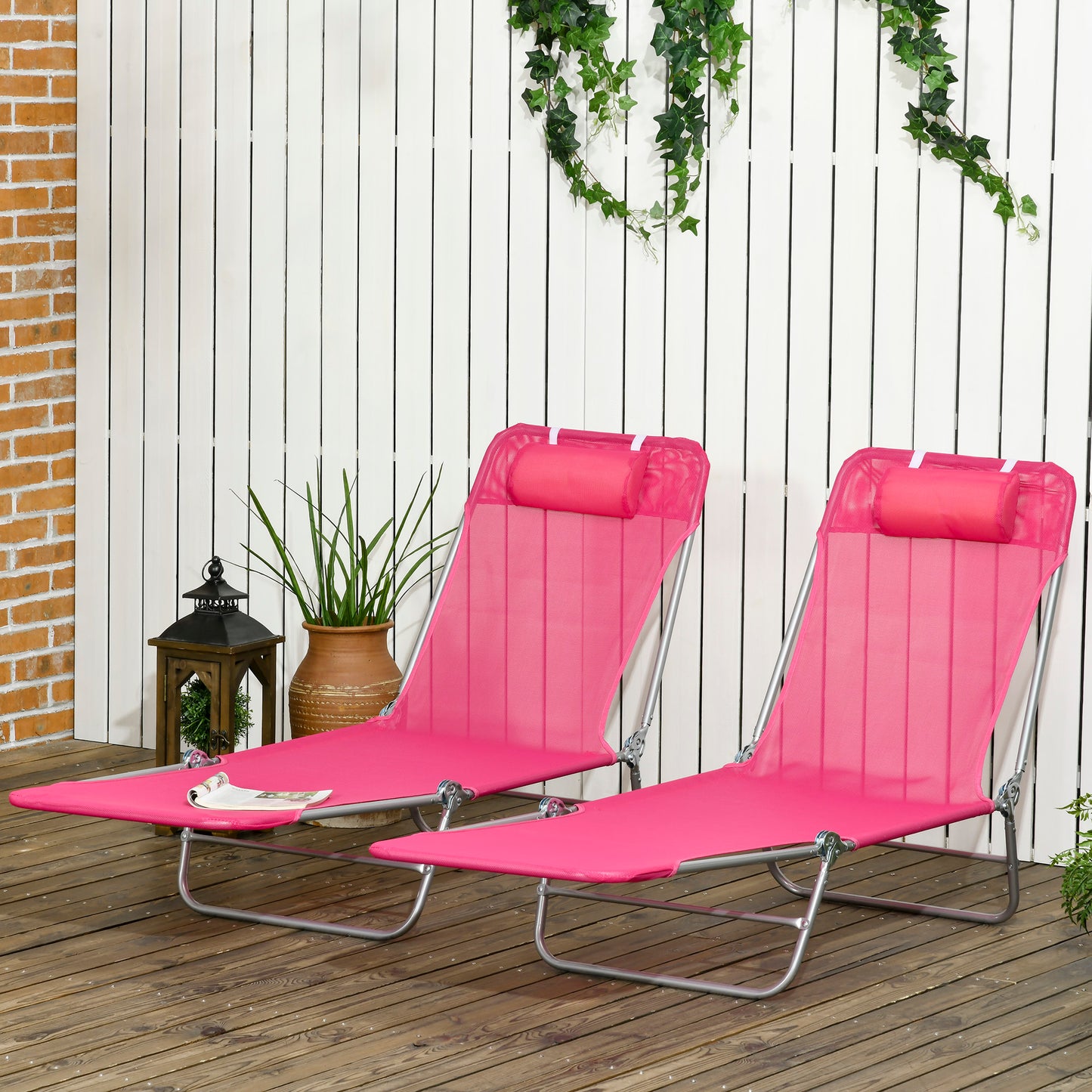 Set of 2 Folding Chaise Lounge Chairs, Outdoor Poolside Sun Tanning Chairs w/ Pillow, Reclining Backrest, Dark Blue