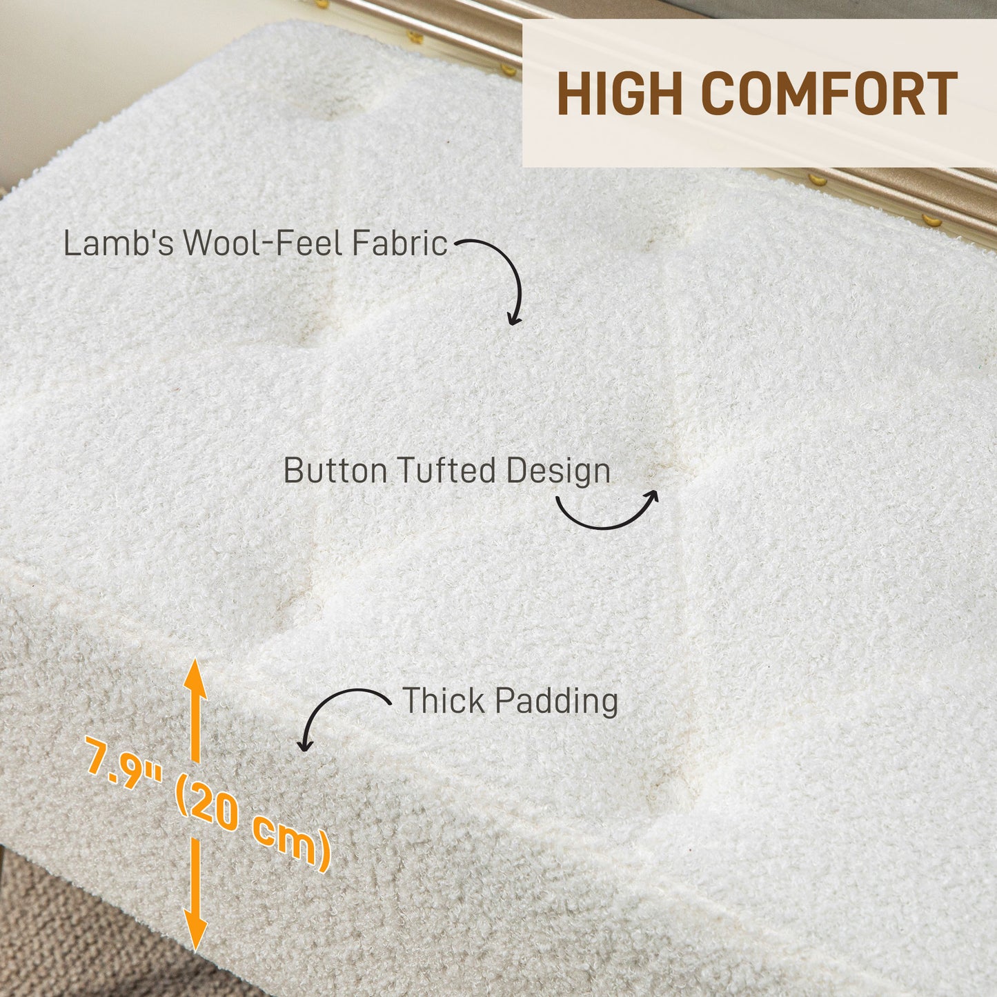 44" Lamb's Wool-Feel Upholstered Bedroom Bench, End of Bed Bench with Thick Padded Cushion and Steel Legs, Cream White