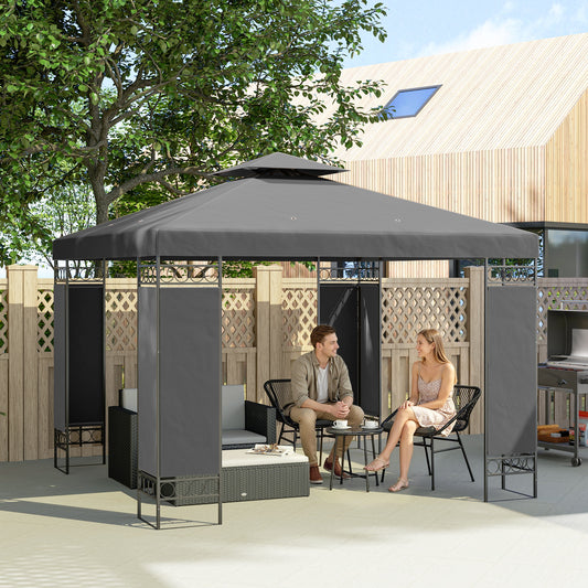 10 x 10 FT Canopy Gazebo, Double Roof Patio Gazebo with Screen Panels and Metal Frame for Deck, Backyard, Dark Grey