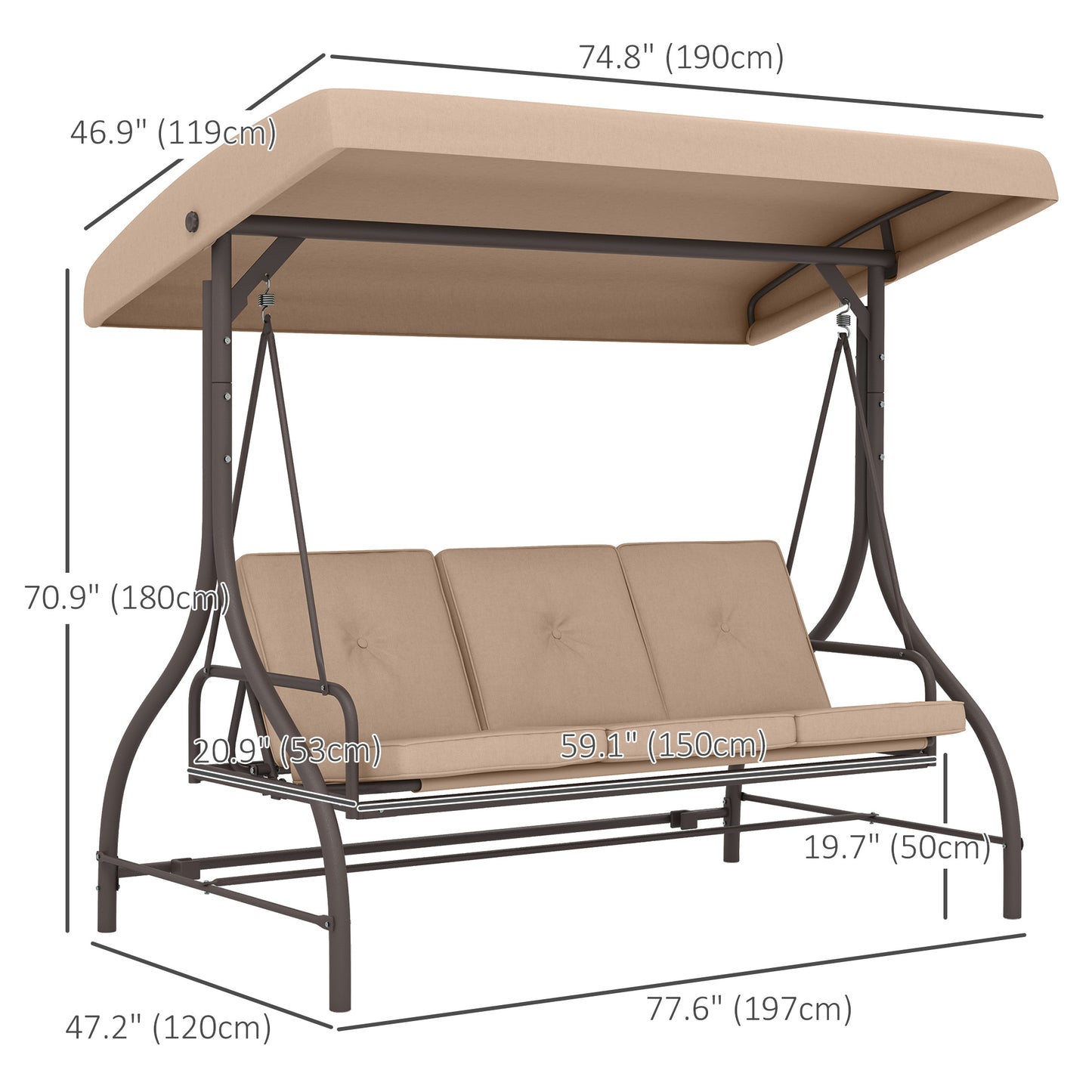 Convertible Patio Swing Bed with Canopy and Cushions, 3 Seater Porch Swing for Outdoor, Backyard, Garden, Black