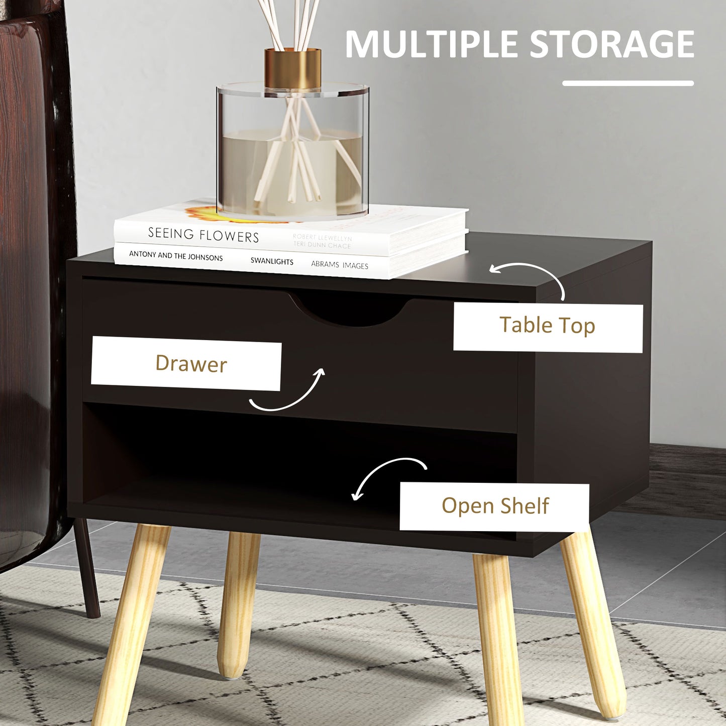 Set of 2 Nightstands with Storage Drawer and Shelf, Modern Bedside Table for Bedroom, Black