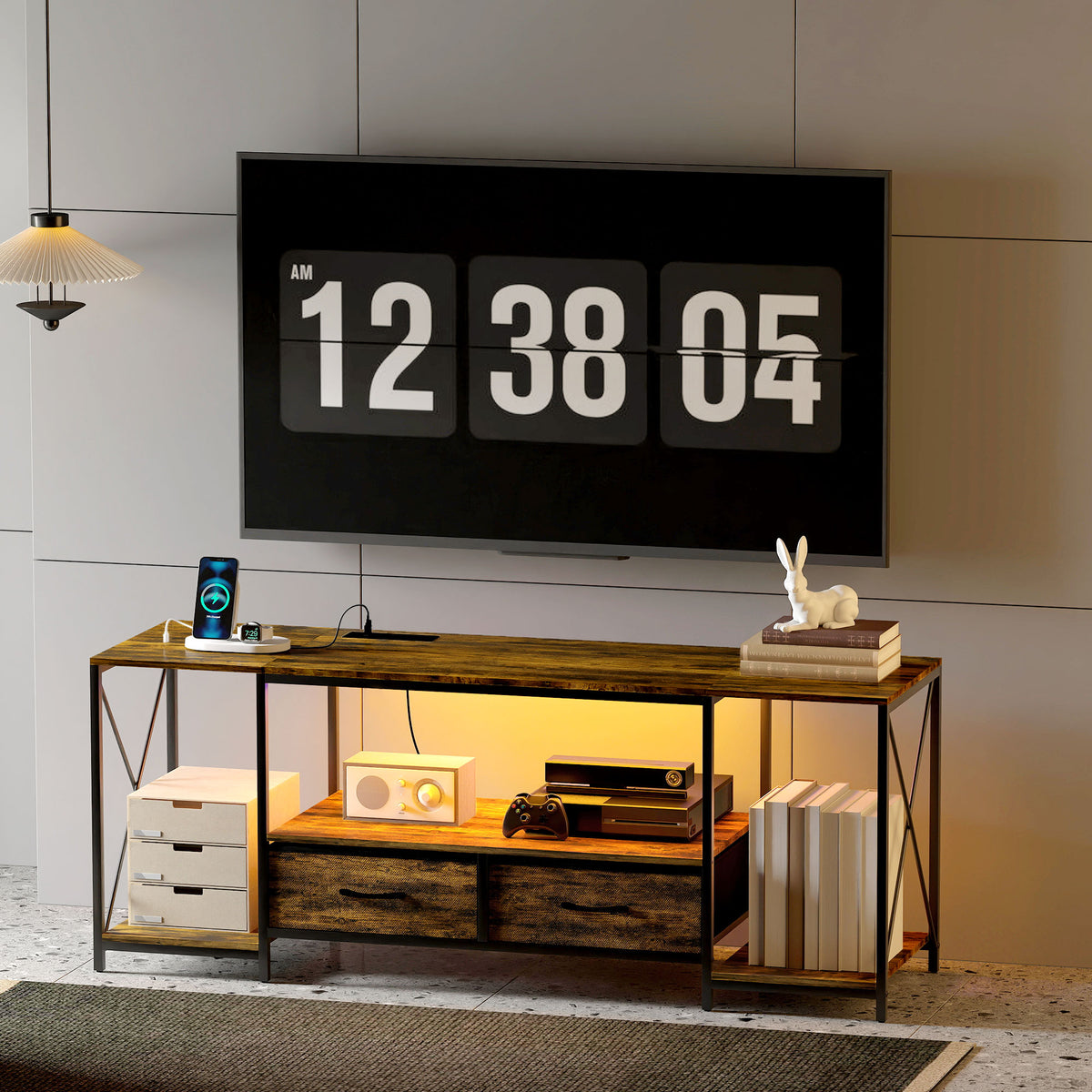 Industrial TV Stand for up to 55 Inch TV, TV Console with Charging Station and RGB LED Lights, Rustic Brown
