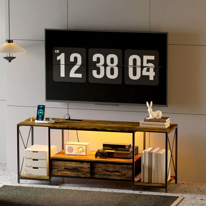 Industrial TV Stand with RGB LED Lights - Rustic Brown