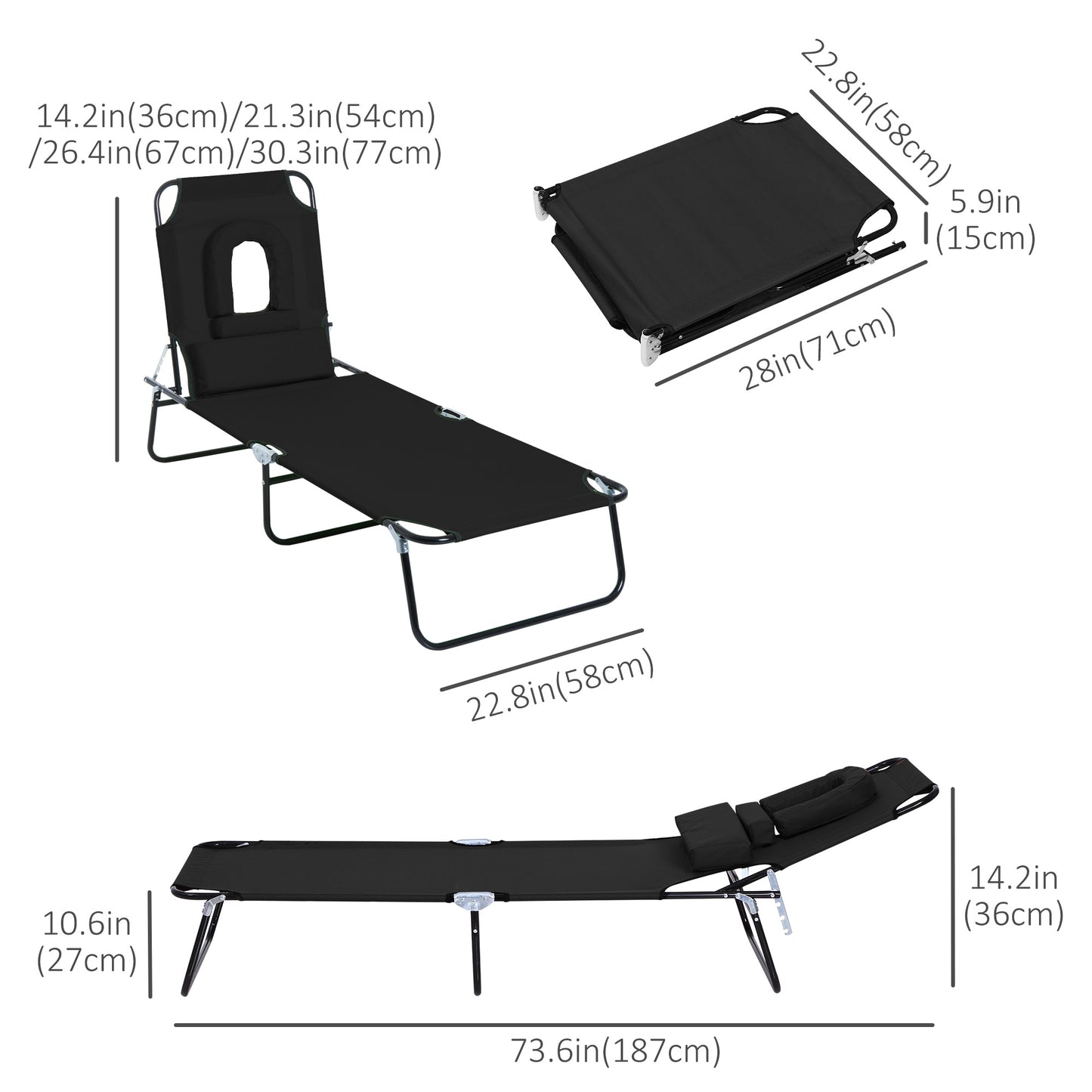 Adjustable Outdoor Lounge Chair, Garden Folding Chaise Lounge with Face Hole Reclining Tanning Chair Seat, Folding Camping Beach Lounging Bed w/ Support Pillow, Black
