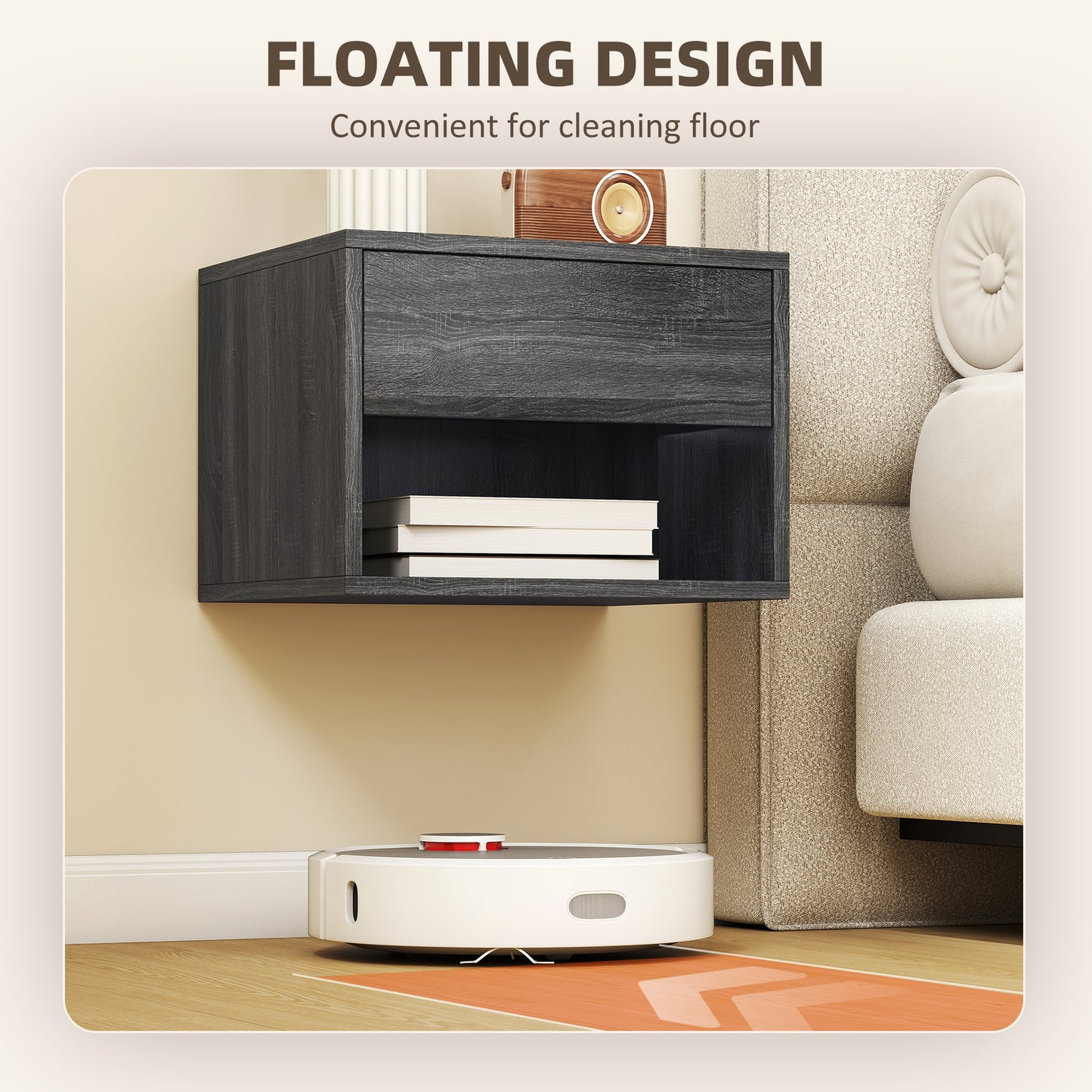 Floating Nightstand Set of 2, Wall Mounted Bedside Table with Drawer for Bedroom, Grey