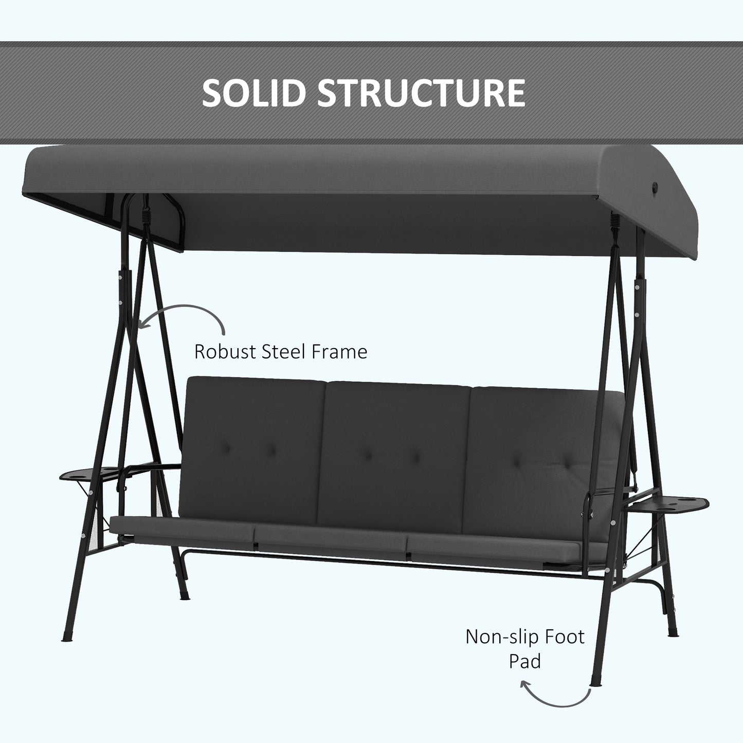 3-Seat Outdoor Porch Swing Patio Swing with Adjustable Canopy, Side Tray, Removable Cushion for Garden, Poolside, Grey
