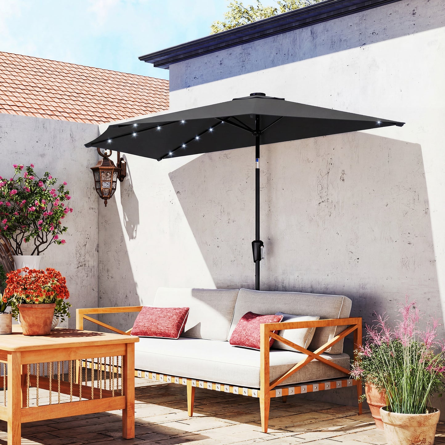 105.1" x 53.5" Black Half Patio Umbrella with Solar LED Lights
