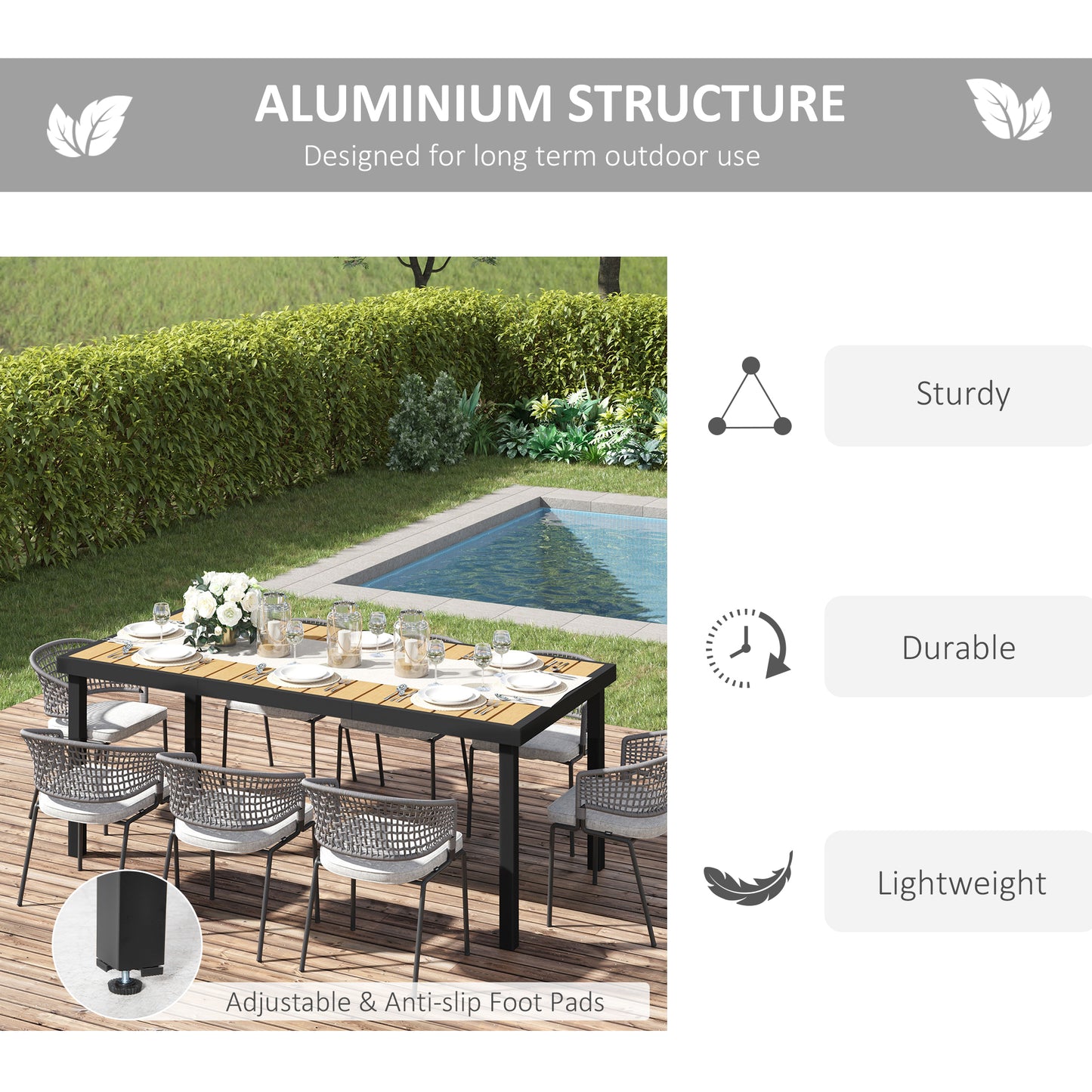 Patio Dining Table for 8, Rectangular Aluminum Outdoor Table for Garden Lawn Backyard, Black