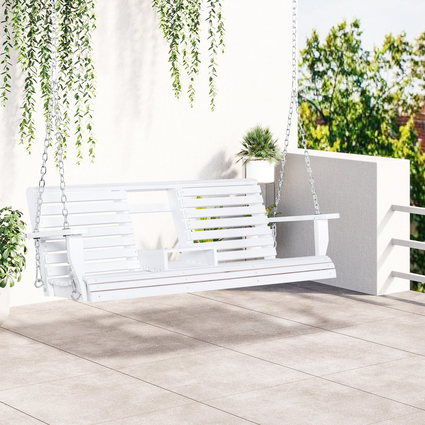 3 Seater Patio Swing Chair Wood Porch Swing with Foldable Table, Cup Holders, Steel Chains for Garden, Yard, Natural