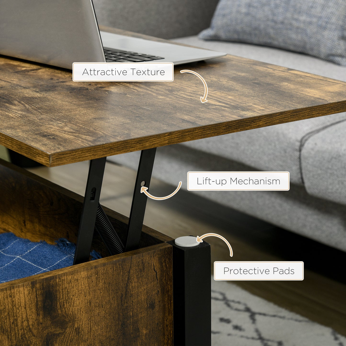 Lift Top Coffee Table, Modern Center Table with Storage Shelves and Hidden Compartment for Living Room, 41" L