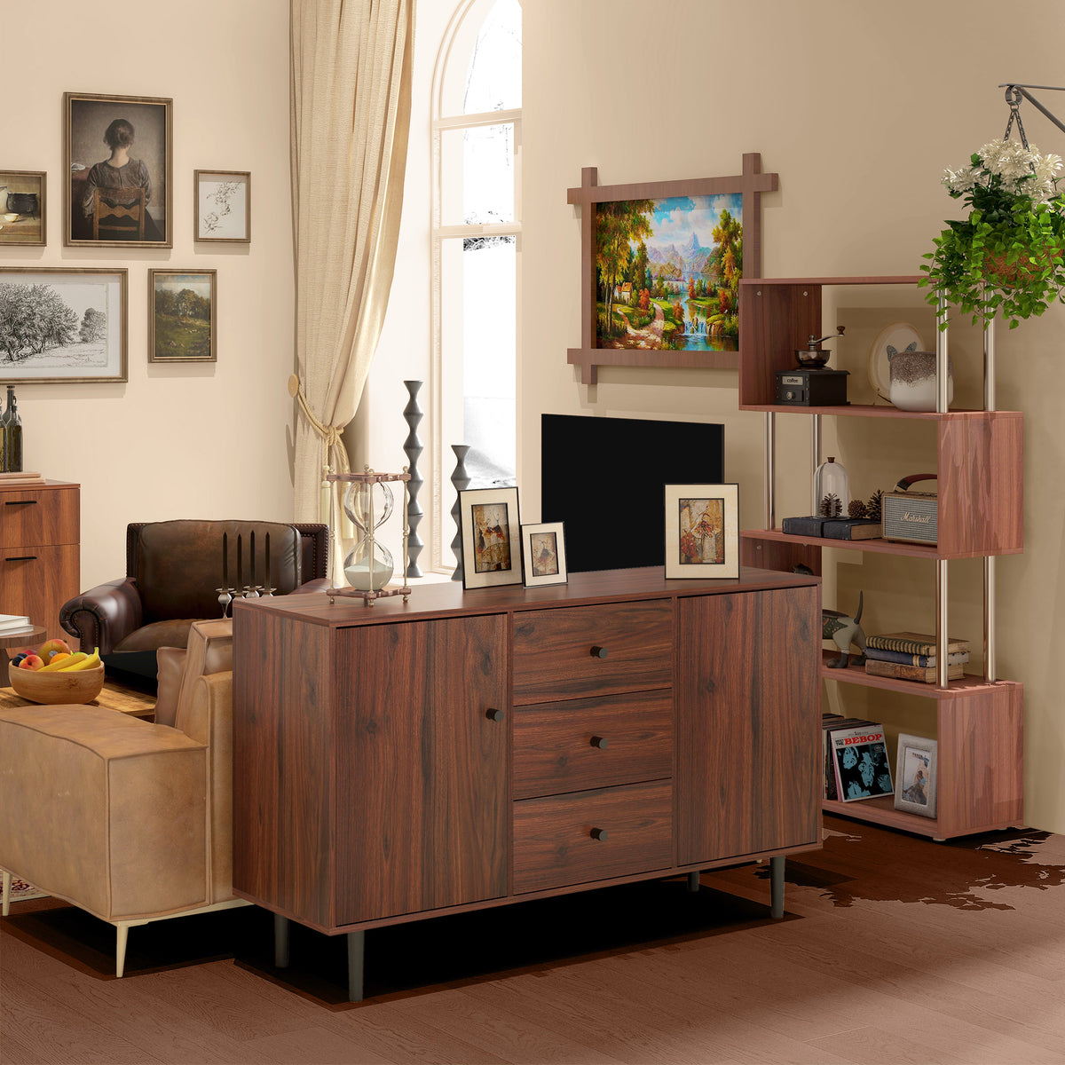 Kitchen Storage Sideboard, Buffet Cabinet with 2 Cupboard, 3 Drawers and Adjustable Shelves for Living Room Rustic Brown