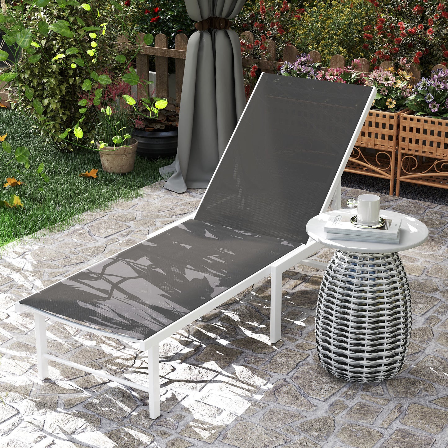 Outdoor Lounge Chair, 5-Position Reclining Outdoor Chaise Lounge Tanning Chair with Mesh Seat, Grey