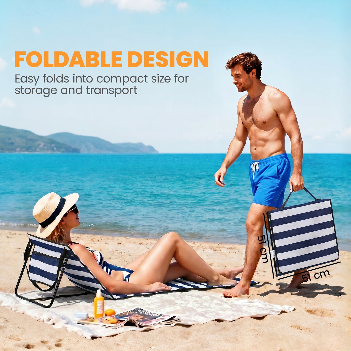 Set of 2 Foldable Lounge Chairs with Carry Bag, Adjustable Backrest, Blue and White