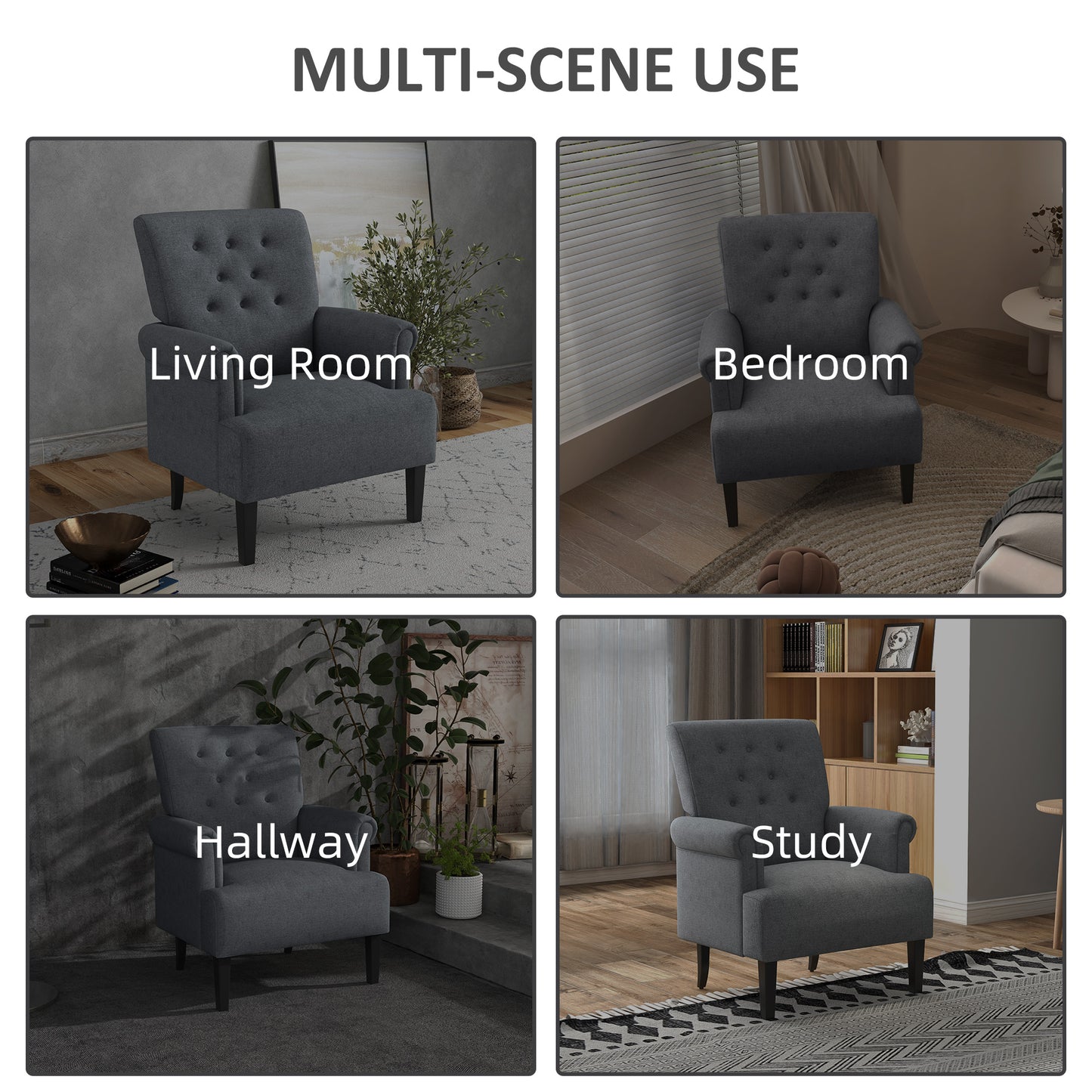 Armchair, Fabric Accent Chair, Modern Living Room Chair with Wood Legs and Rolled Arms for Bedroom, Grey