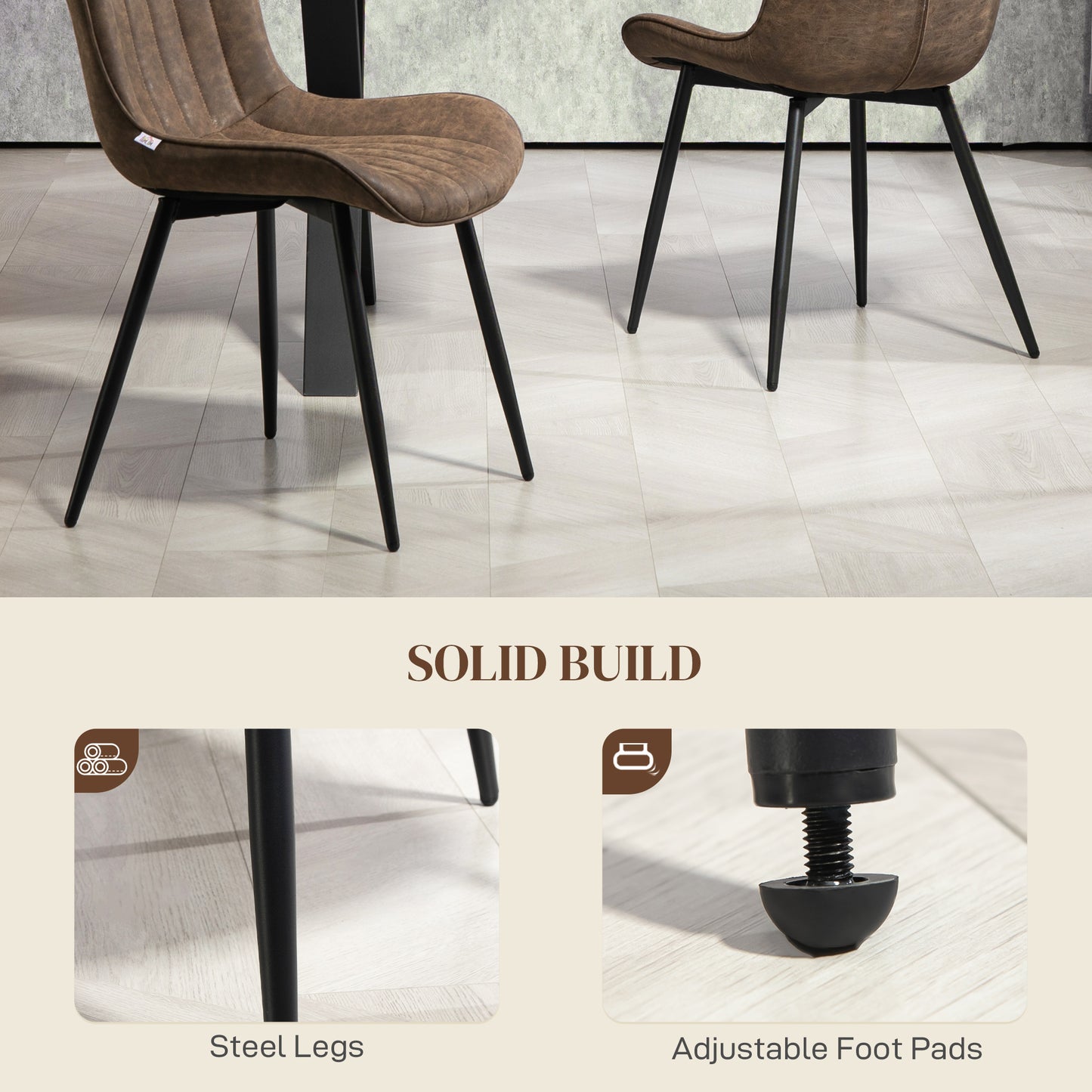 Dining Chairs Set of 2, PU Leather Upholstered Kitchen Chairs with Backrest and Steel Legs, Brown