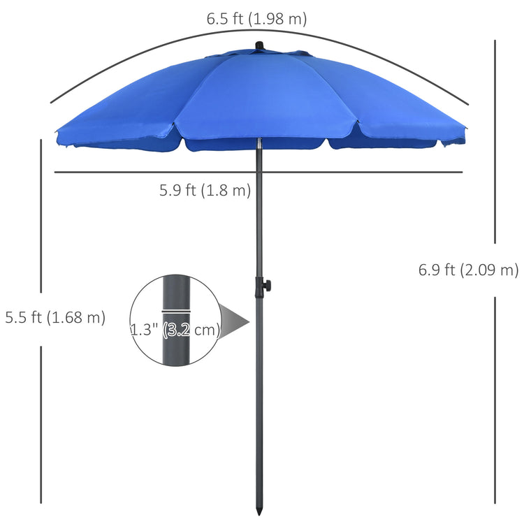 6ft Blue Beach Umbrella with Push Button Tilt & Vented Canopy