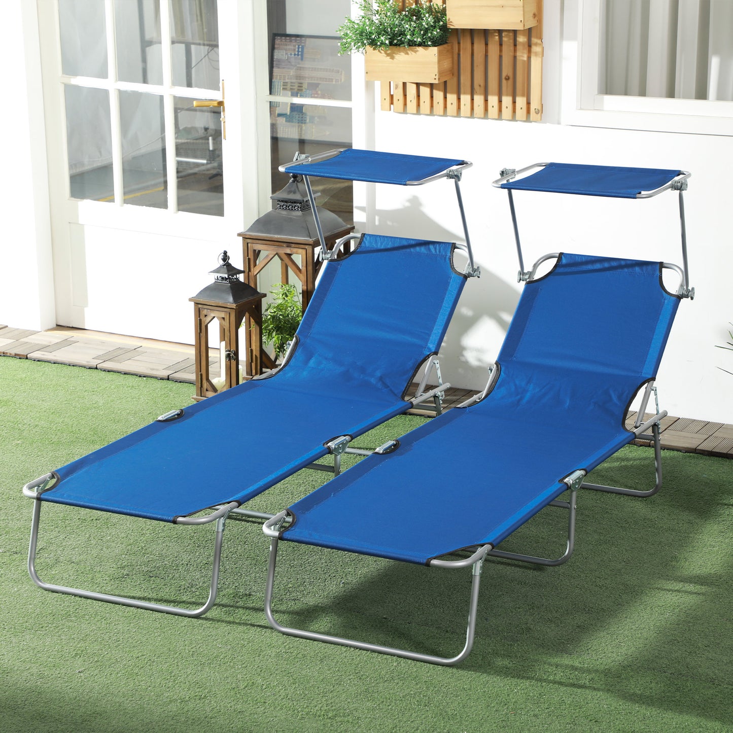 2Pcs Outdoor Lounge Chair, Adjustable Folding Chaise Lounge with Sun Shade for Beach, Camping, Hiking, Blue - Blue