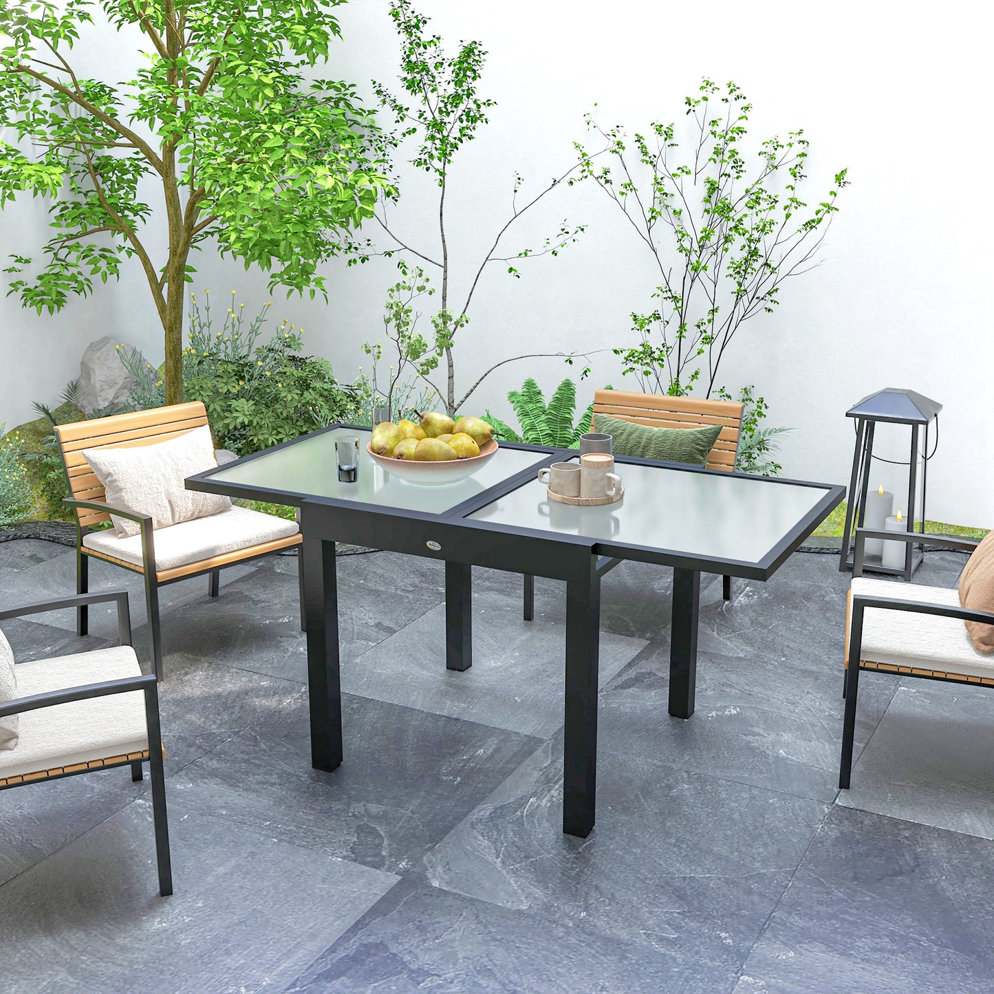 Extendable Patio Dining Table, Tempered Glass Aluminum Outdoor Table for Garden Lawn Backyard, Clear