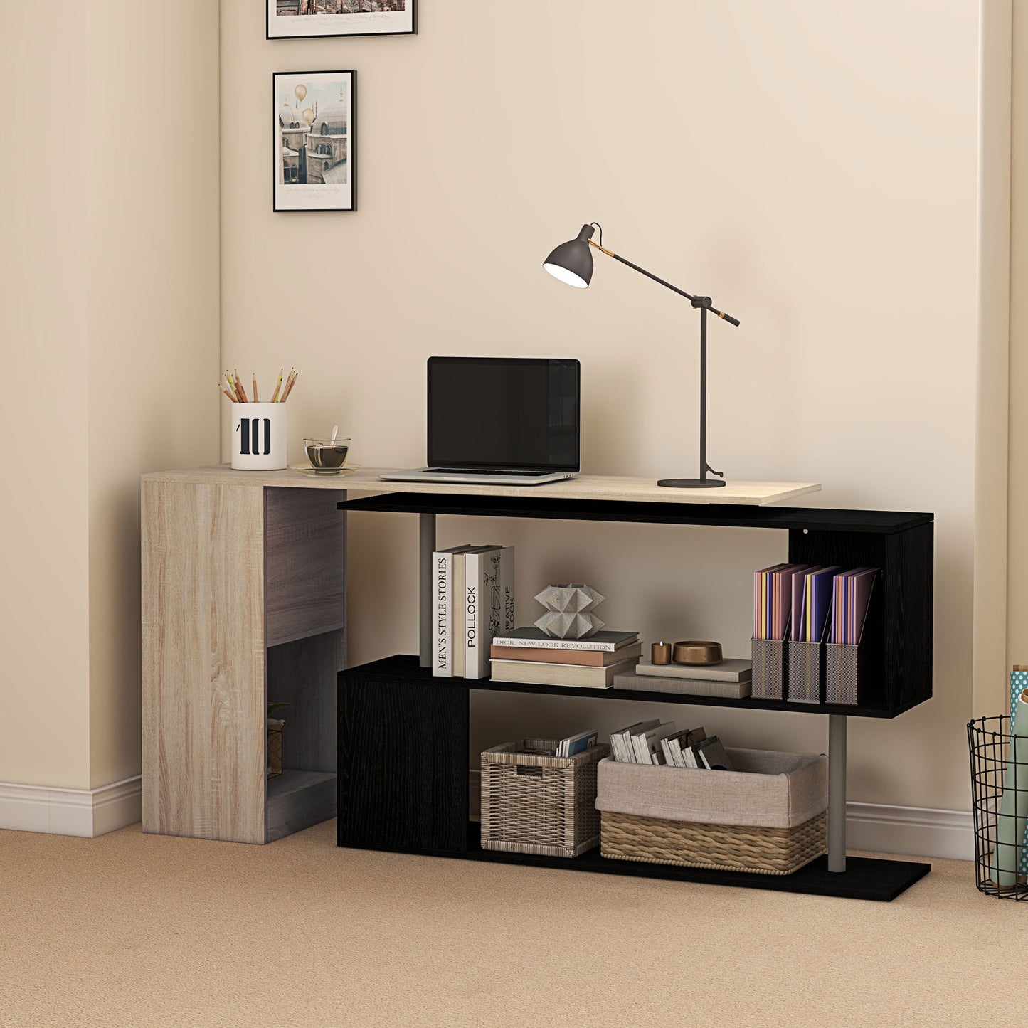 55" Corner Computer Desk, 360° Rotating L-Shaped Desk, Home Office Workstation with 3-Tier Shelves