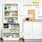 72" Kitchen Buffet with Hutch, Freestanding Cupboard, Pantry with 6-Tier Shelving, 2 Doors Cabinet with Adjustable Shelves, White, Wood Grain