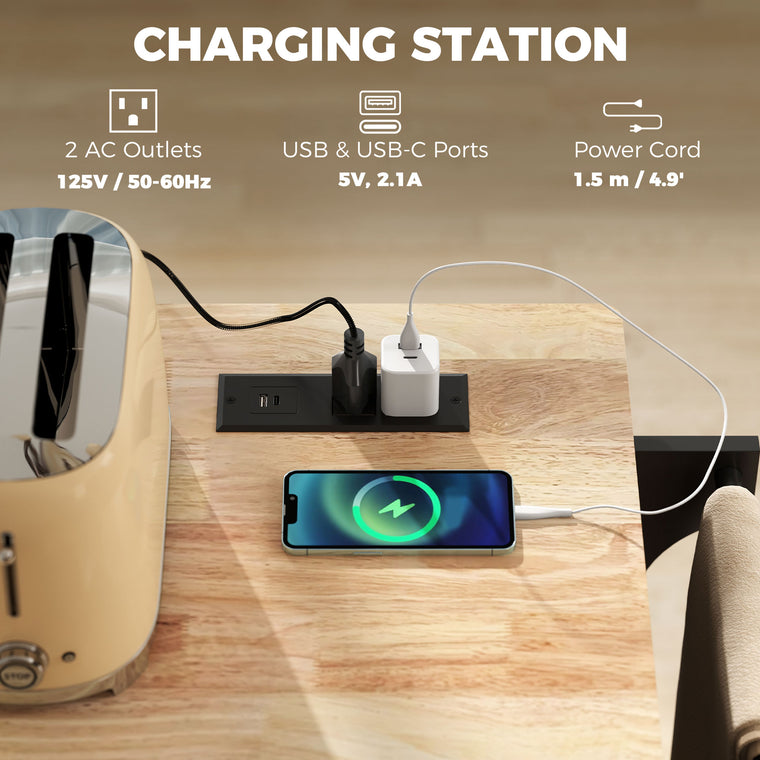 Rolling Kitchen Island with Drop Leaf and Charging Station