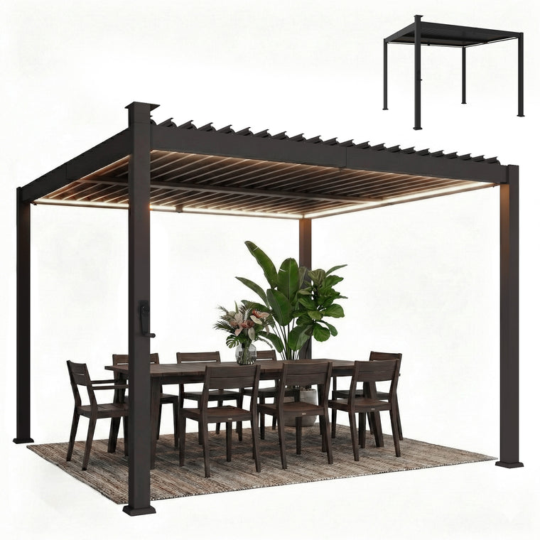10' x 10' Louvered Pergola with LED Lights and Metal Roof